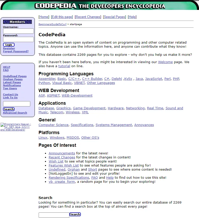 The CodePedia start page, a wiki for developers